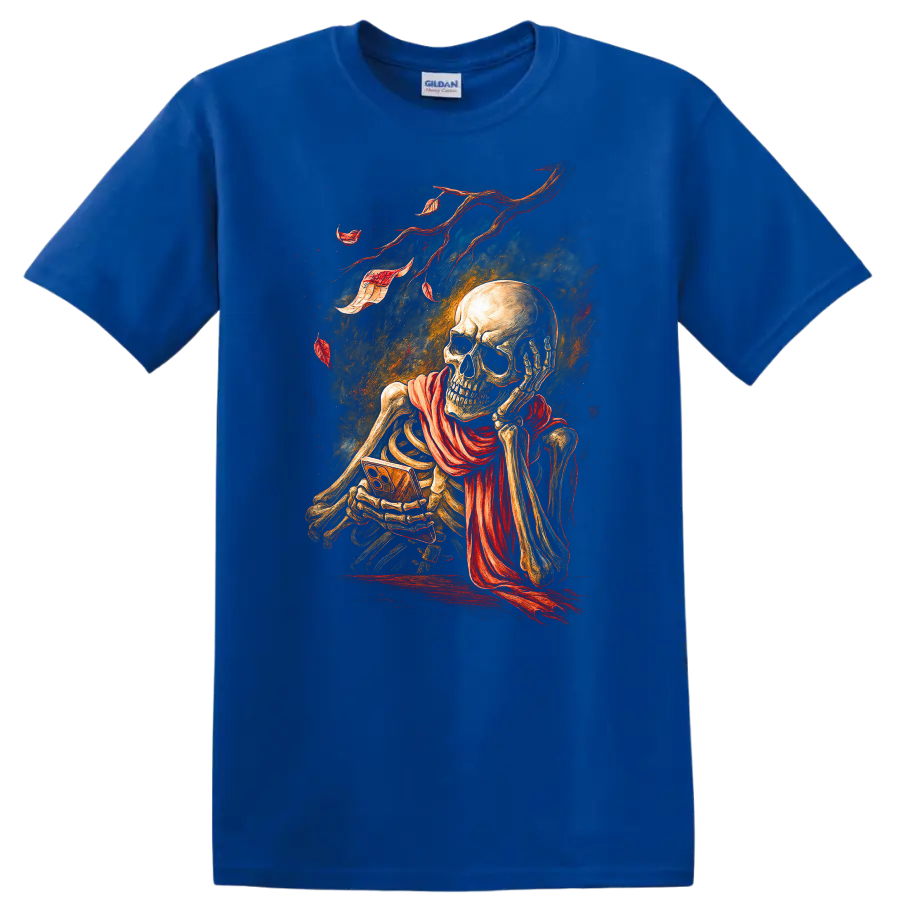 Vintage gothic skeleton skull illustration with flowing red scarf and distressed ribbons on a Royal (Blue) T Shirt
