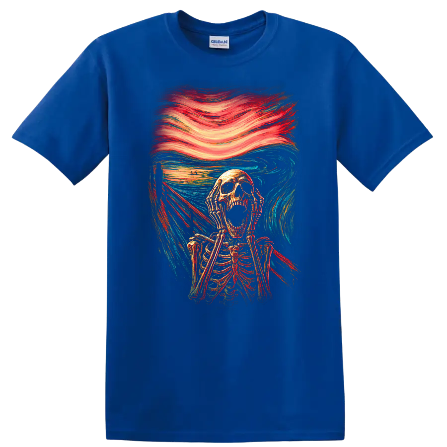 Screaming skeleton in vintage gothic horror art with swirling red and blue brushwork on a Royal (Blue) T Shirt