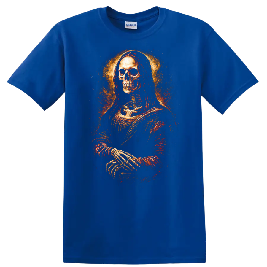 Vintage gothic skeleton portrait with crossed hands and fiery distressed halo on a Royal (Blue) T Shirt