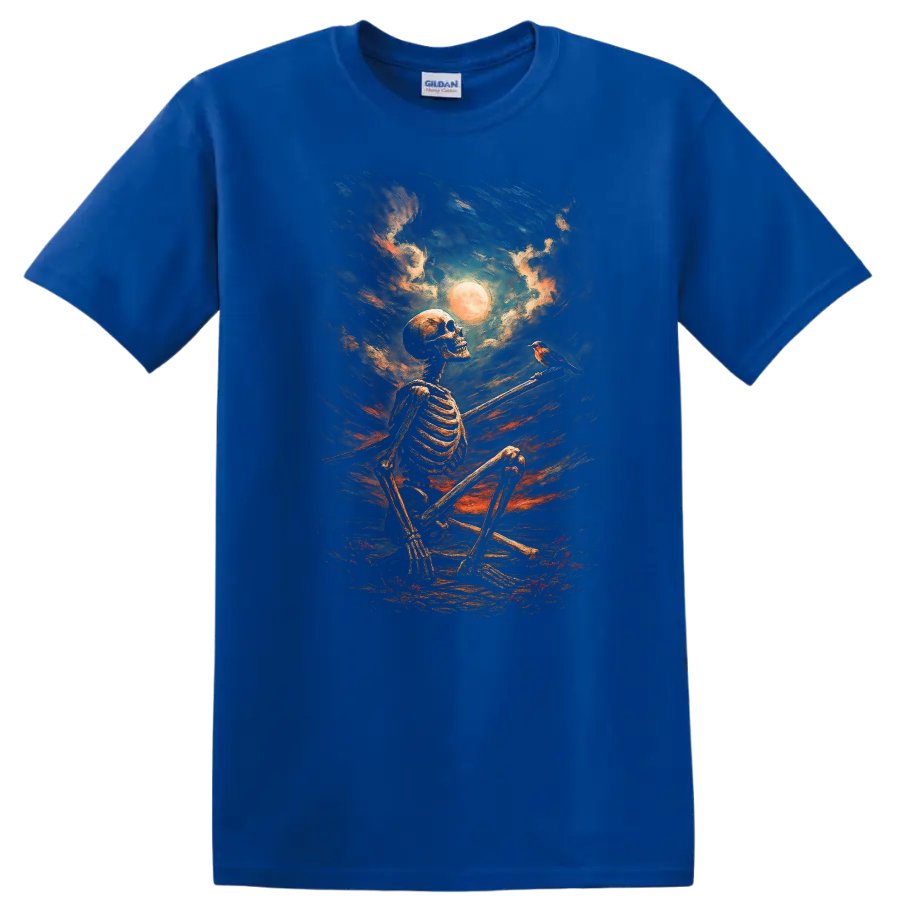 Vintage gothic painting of seated skeleton, bird, full moon, and dramatic night sky on a Royal (Blue) T Shirt