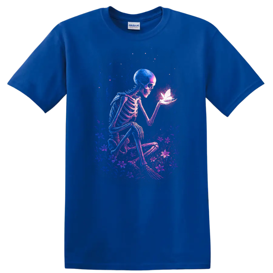 Gothic skeleton holding a glowing butterfly amid neon wildflowers on a Royal (Blue) T Shirt