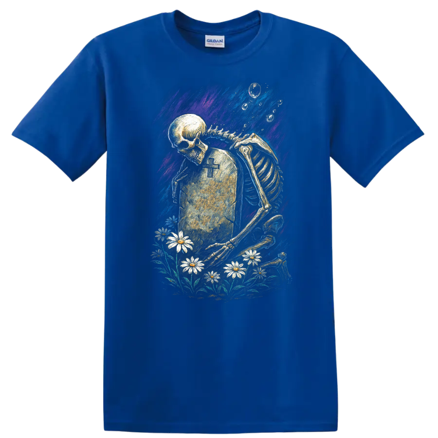 Skeleton mourning beside a cross tombstone and daisies in vintage gothic artwork on a Royal (Blue) T Shirt