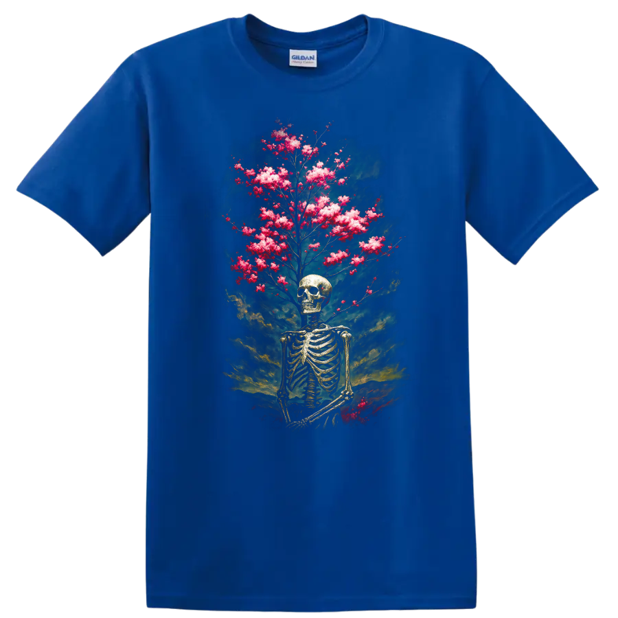 Vintage gothic skeleton skull with pink blooming branches and smoky teal backdrop on a Royal (Blue) T Shirt