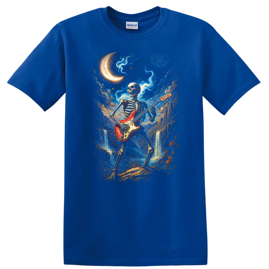 Skeleton guitarist with red electric guitar in moonlit gothic fantasy art on a Royal (Blue) T Shirt