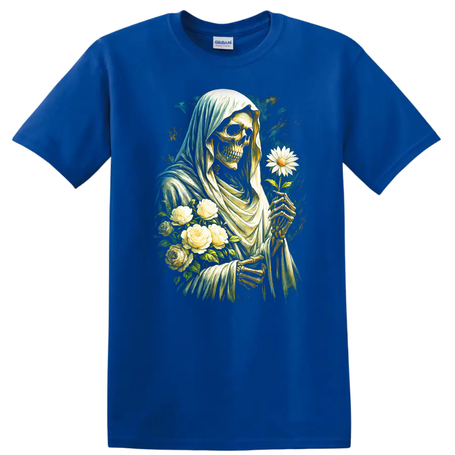 Vintage gothic hooded skeleton holding a white daisy with roses on a Royal (Blue) T Shirt
