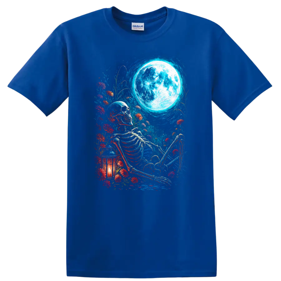 Vintage gothic skeleton resting among wildflowers beneath a full moon with lantern on a Royal (Blue) T Shirt