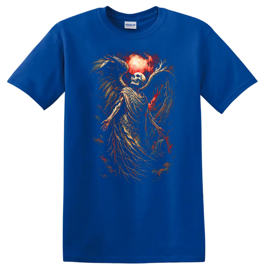 Vintage winged skeleton skull beneath a glowing moon in distressed gothic art on a Royal (Blue) T Shirt