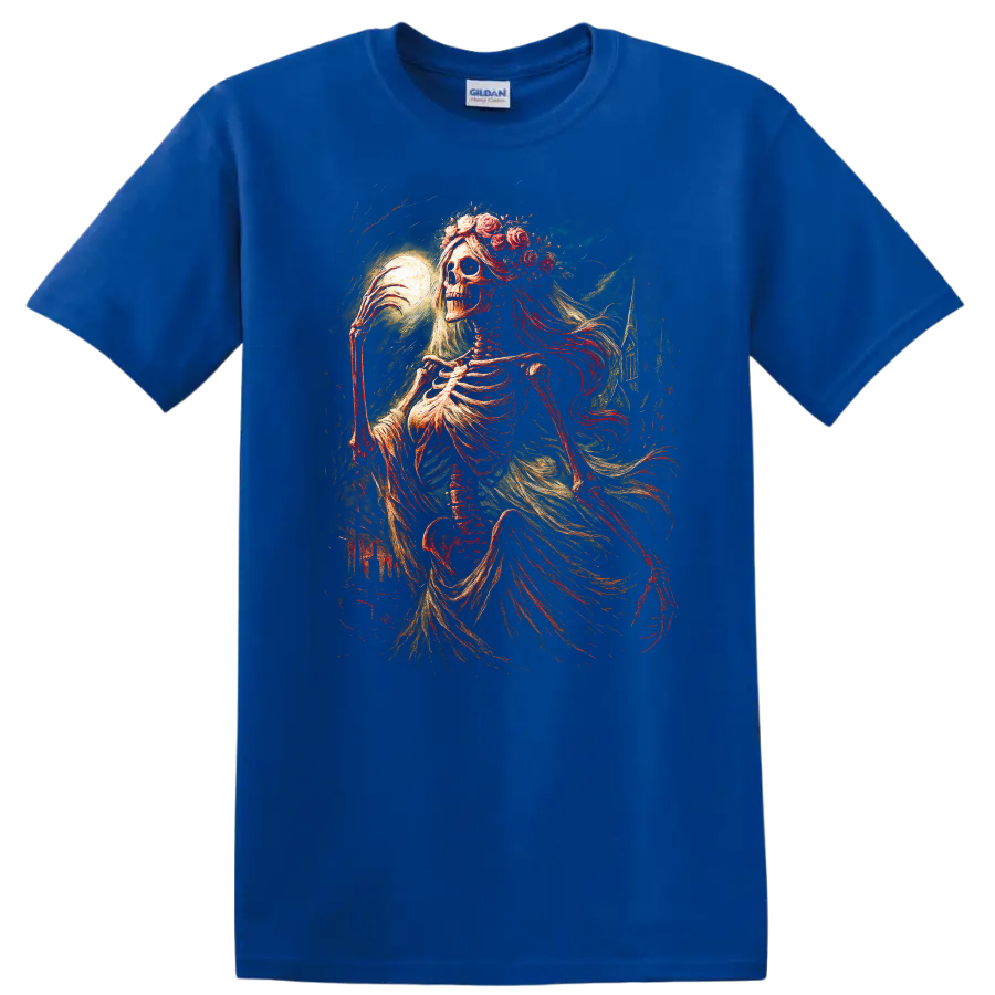 Moonlit floral skeleton in ornate vintage gothic art with flowing drapery on a Royal (Blue) T Shirt