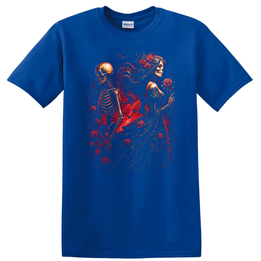 Vintage gothic skeletal woman and skeleton surrounded by red roses on a Royal (Blue) T Shirt