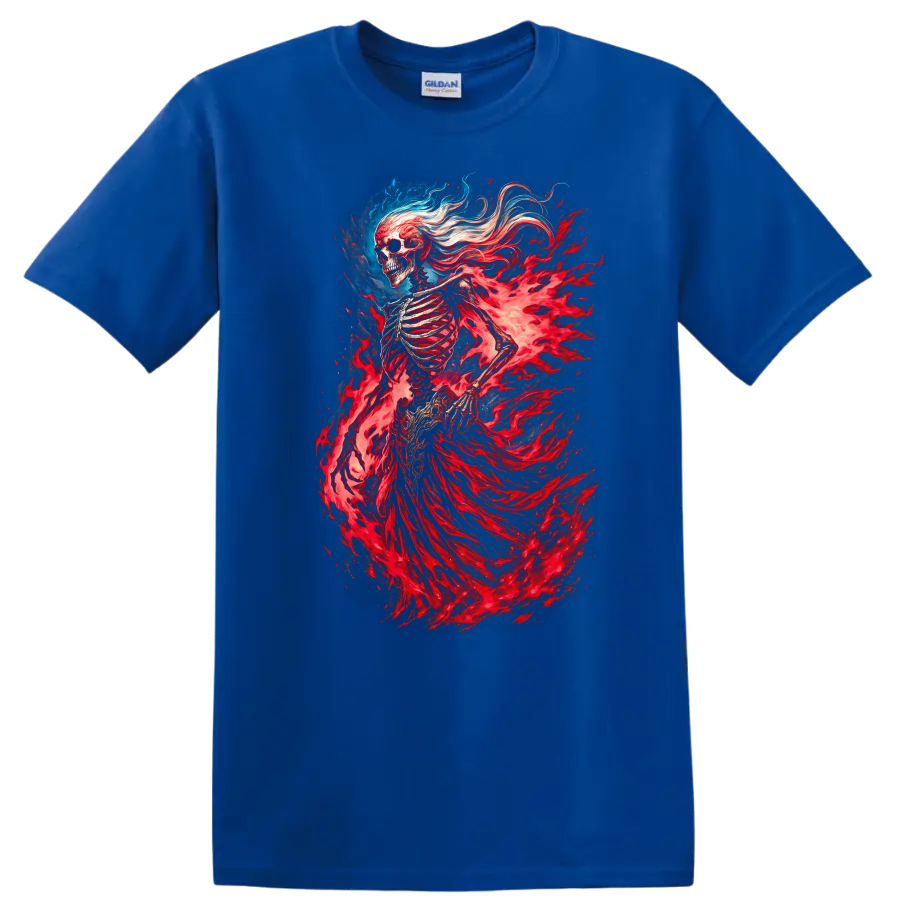 Flaming skeleton spirit with red spectral energy in detailed gothic fantasy art on a Royal (Blue) T Shirt