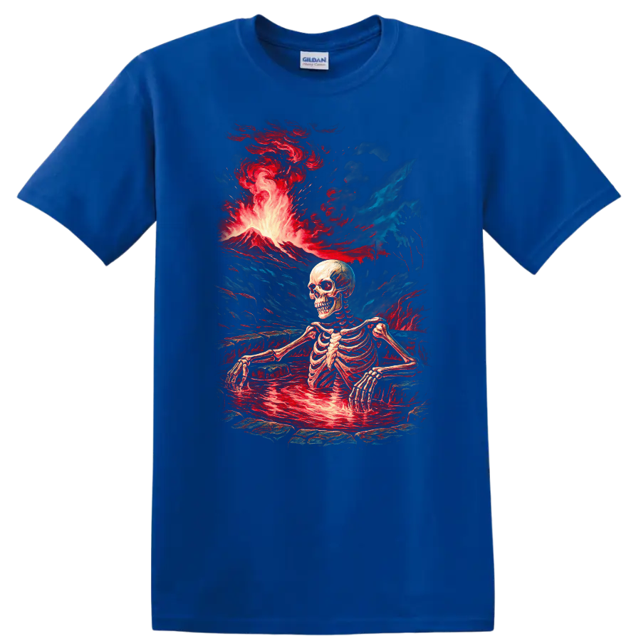 Vintage gothic skeleton standing in a lava pool beneath an erupting volcano on a Royal (Blue) T Shirt