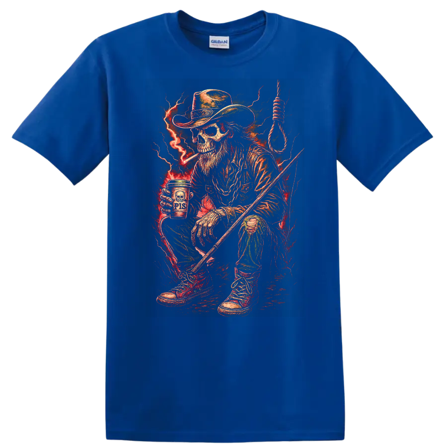 Vintage Gothic skeleton cowboy with red lightning, noose, boots, and rugged Western art on a Royal (Blue) T Shirt