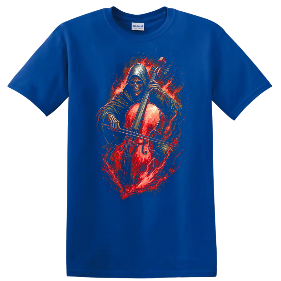 Hooded skeleton cellist with a red cello surrounded by fiery gothic artwork on a Royal (Blue) T Shirt