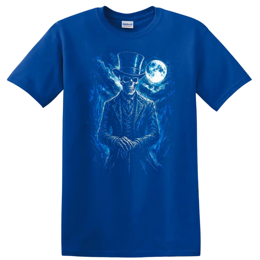 Moonlit gothic skeleton in top hat with blue spectral art and full moon on a Royal (Blue) T Shirt
