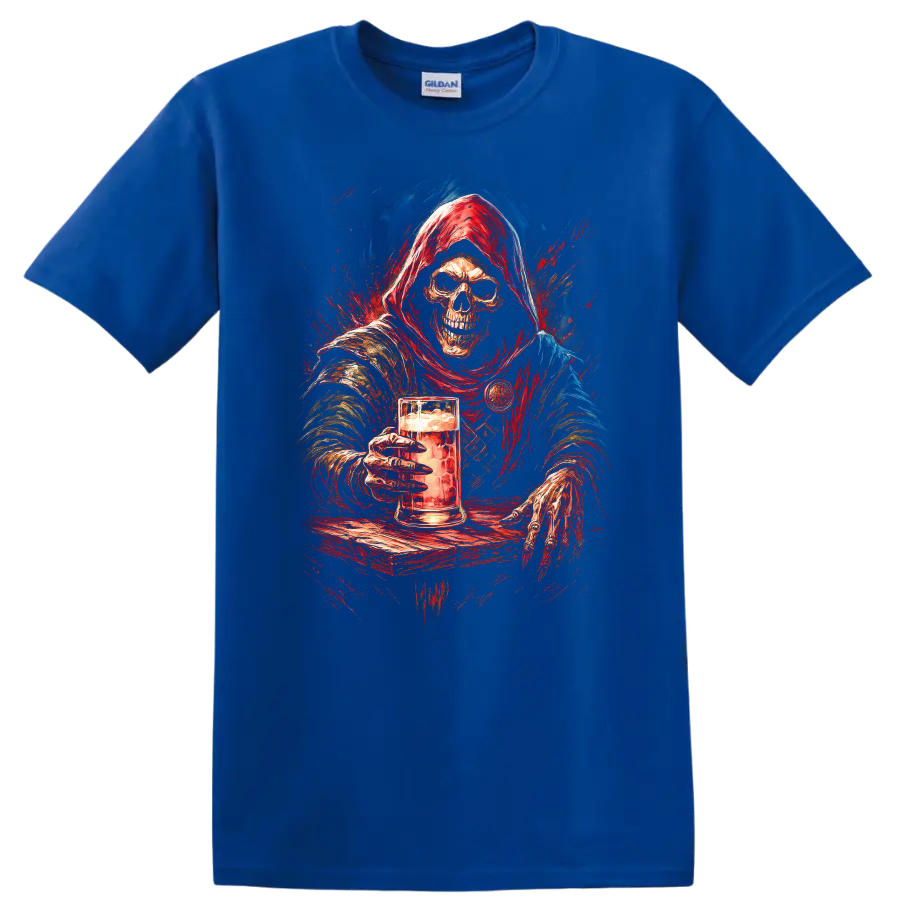 Hooded skeleton holding a beer mug in distressed red and blue gothic art on a Royal (Blue) T Shirt
