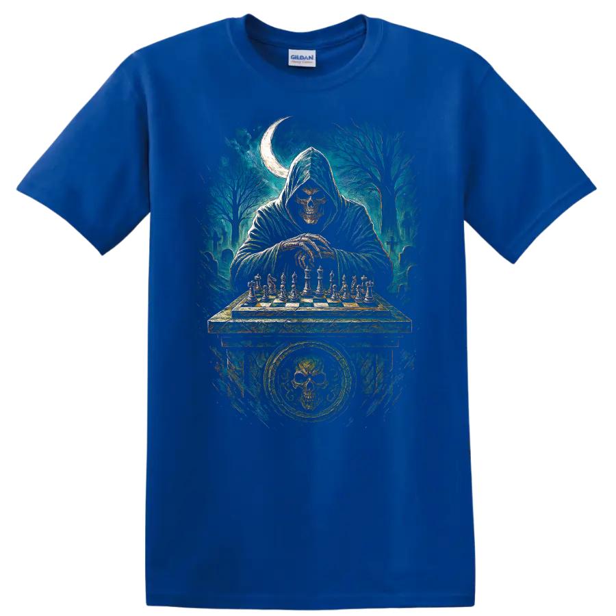 Hooded skull playing chess in a moonlit graveyard gothic illustration on a Royal (Blue) T Shirt
