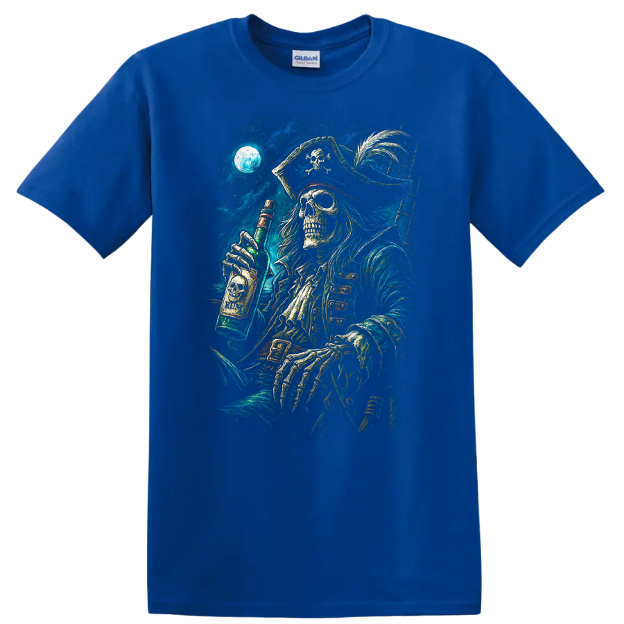Moonlit skeletal pirate holding a rum bottle in detailed vintage gothic sea art on a Royal (Blue) T Shirt