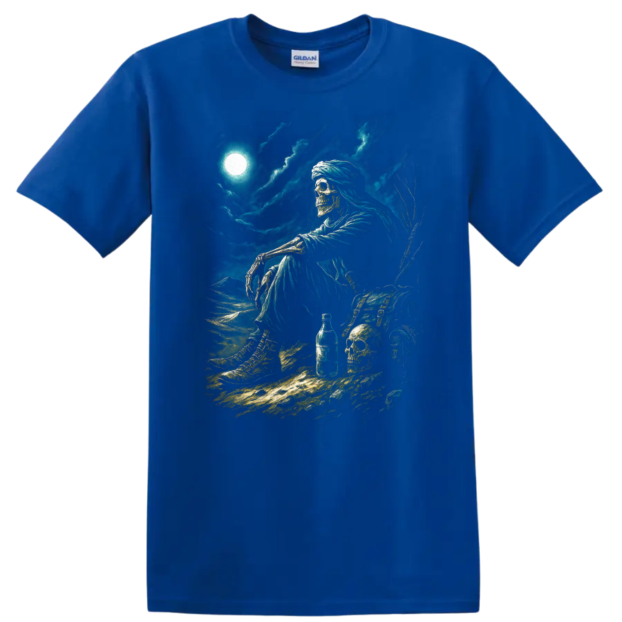 Moonlit skeleton wanderer with skulls, chest, and stormy gothic nightscape on a Royal (Blue) T Shirt
