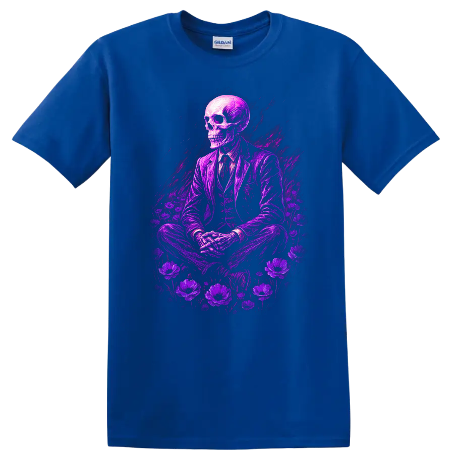 Purple skeleton in suit surrounded by flowers in vintage gothic illustration on a Royal (Blue) T Shirt