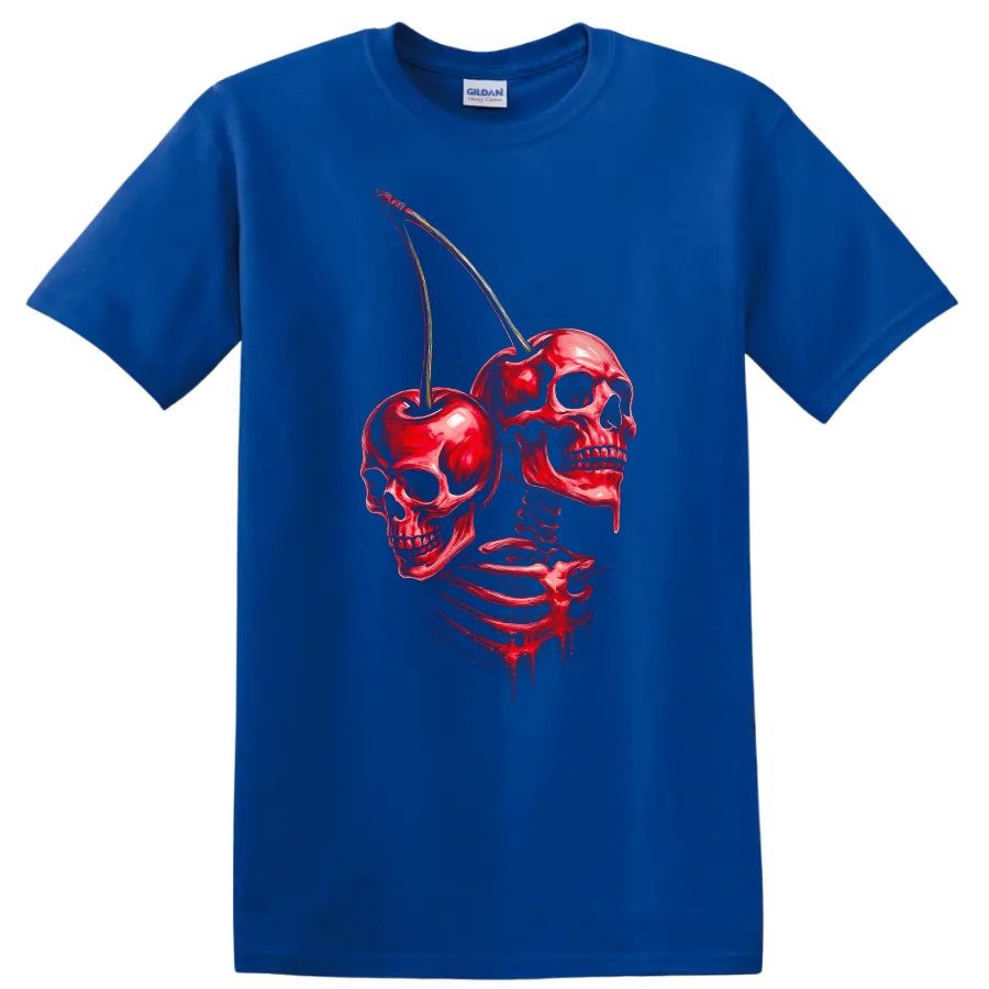 Red skeleton with skulls and cherries in a distressed vintage gothic illustration on a Royal (Blue) T Shirt