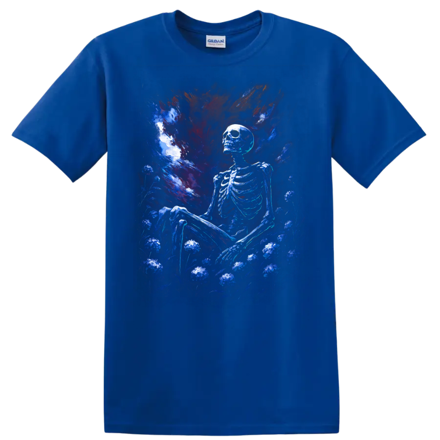 Blue skeleton seated in a dark floral garden beneath a dramatic gothic painted sky on a Royal (Blue) T Shirt