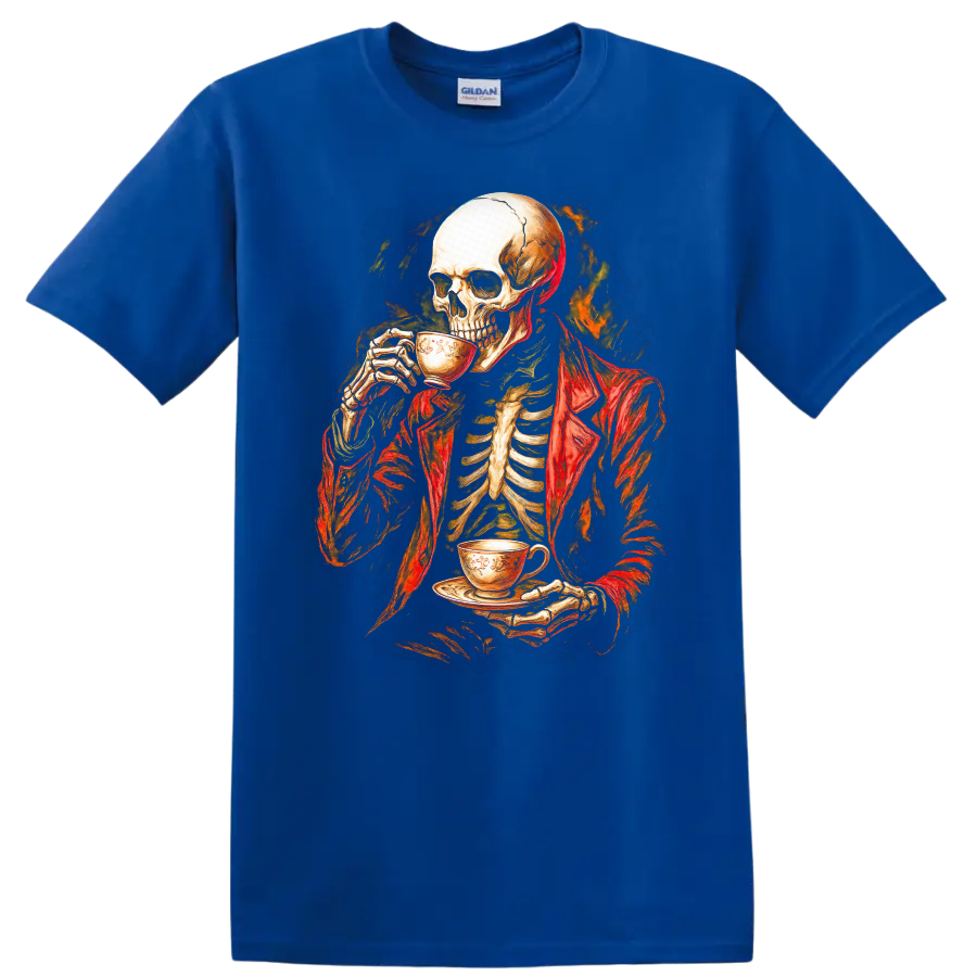 Vintage gothic skeleton in a red jacket drinking tea with a fiery dark backdrop on a Royal (Blue) T Shirt