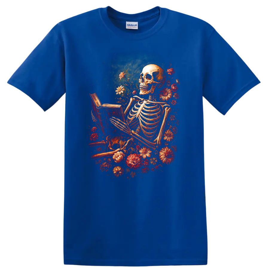 Vintage gothic skeleton reading a book surrounded by red flowers on a Royal (Blue) T Shirt