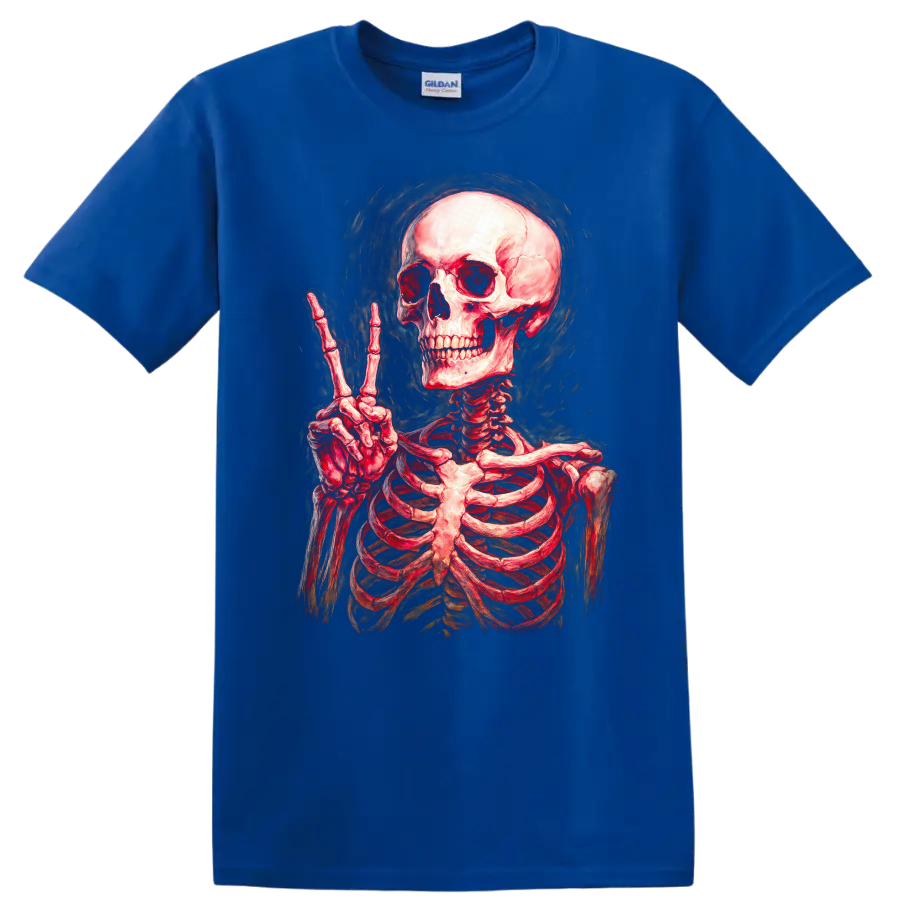 Vintage red skeleton skull making a peace sign in smoky gothic illustration style on a Royal (Blue) T Shirt