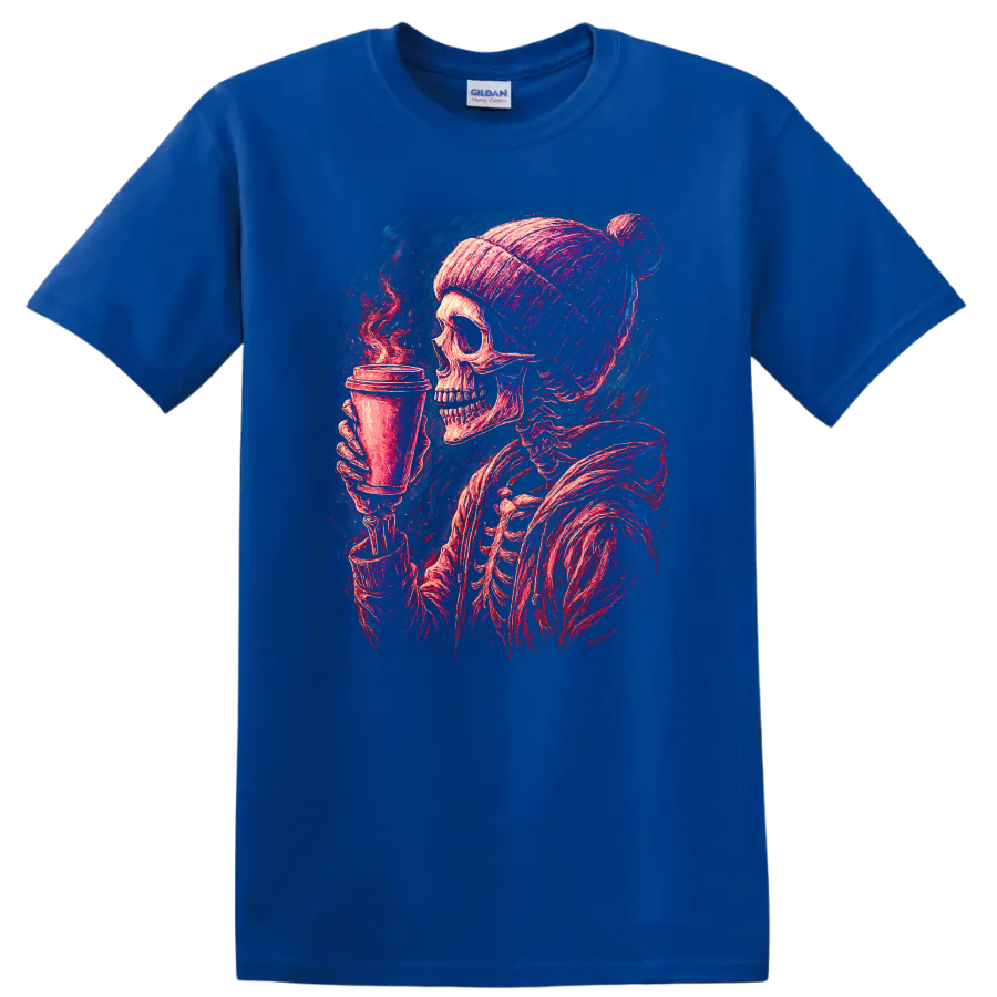 Vintage gothic skeleton in a beanie holding a steaming coffee cup on a Royal (Blue) T Shirt