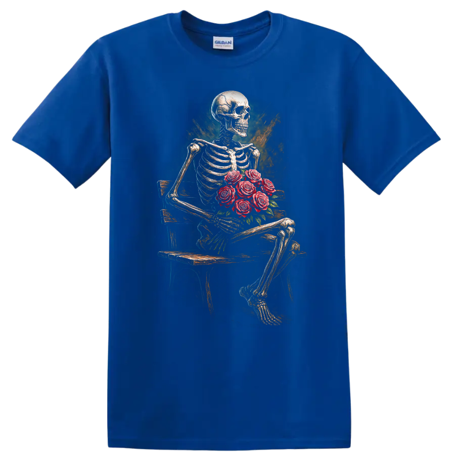 Vintage gothic skeleton holding red roses on a bench in distressed floral art on a Royal (Blue) T Shirt
