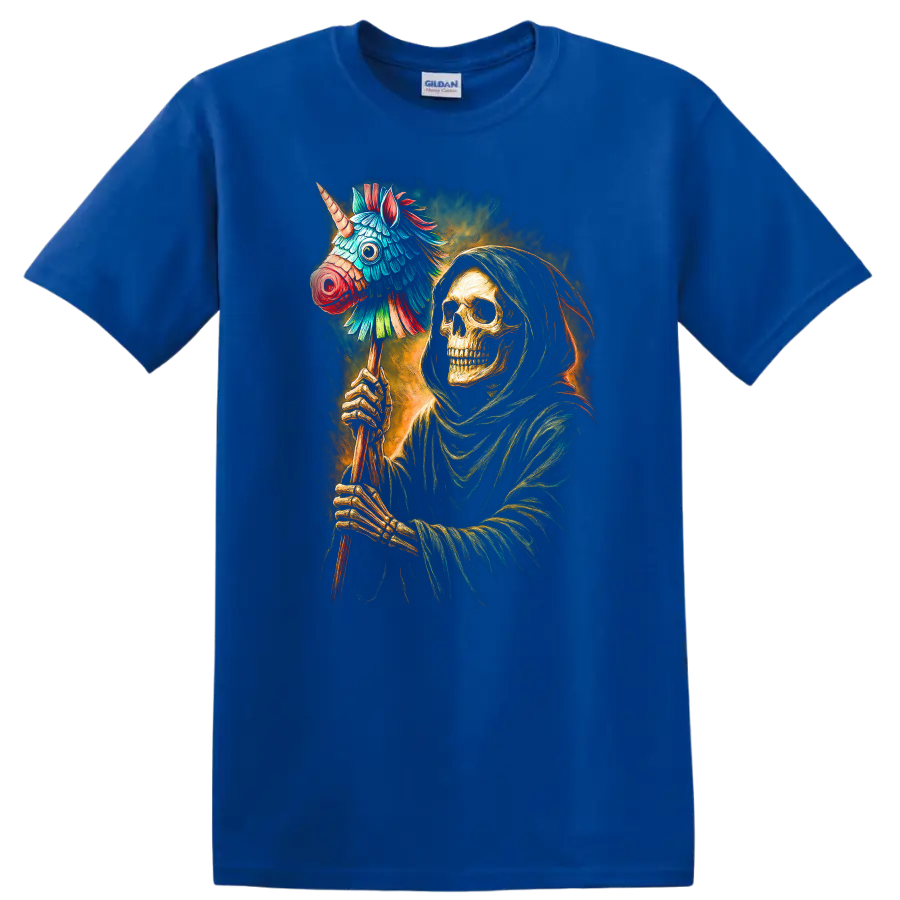 Hooded skeleton holding a colorful unicorn piñata in a vivid gothic illustration on a Royal (Blue) T Shirt