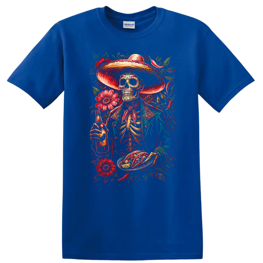 Vintage gothic skeleton in sombrero with tacos, bottle, and red flowers on a Royal (Blue) T Shirt