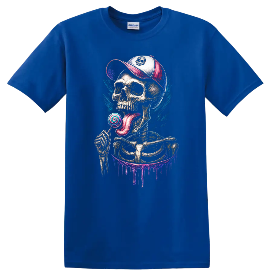 Gothic skeleton skull in cap licking a spiral lollipop with colorful paint drips on a Royal (Blue) T Shirt