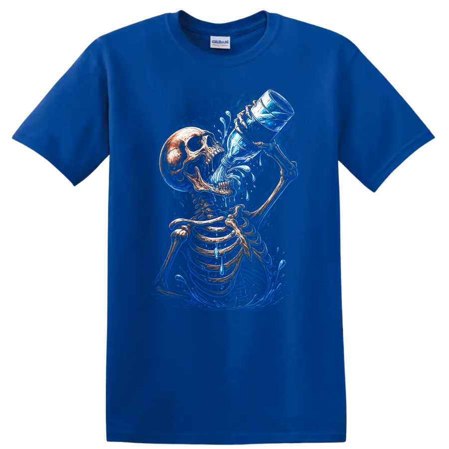 Vintage gothic skeleton drinking water with vivid blue splashes and skull art on a Royal (Blue) T Shirt