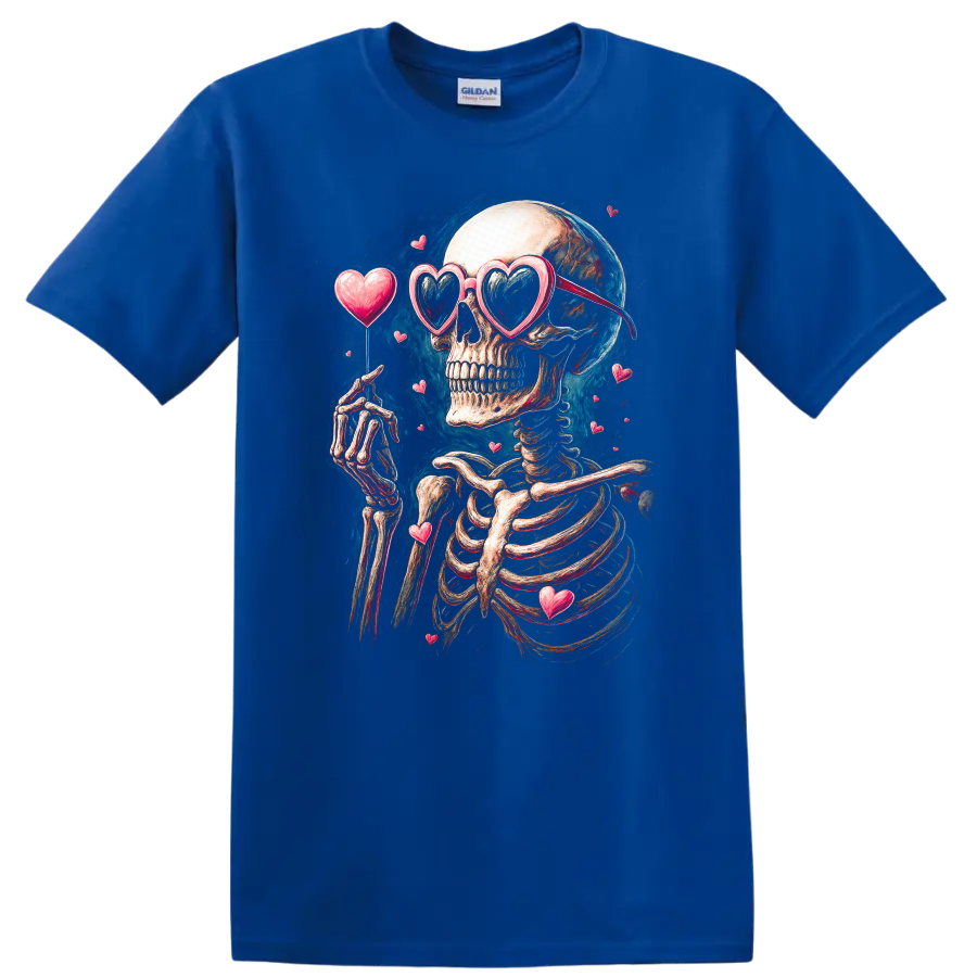 Vintage gothic skeleton in heart sunglasses surrounded by floating hearts on a Royal (Blue) T Shirt