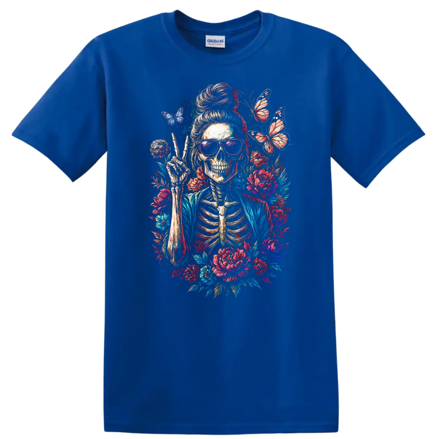 Vintage skeleton in sunglasses making a peace sign with flowers and butterflies on a Royal (Blue) T Shirt
