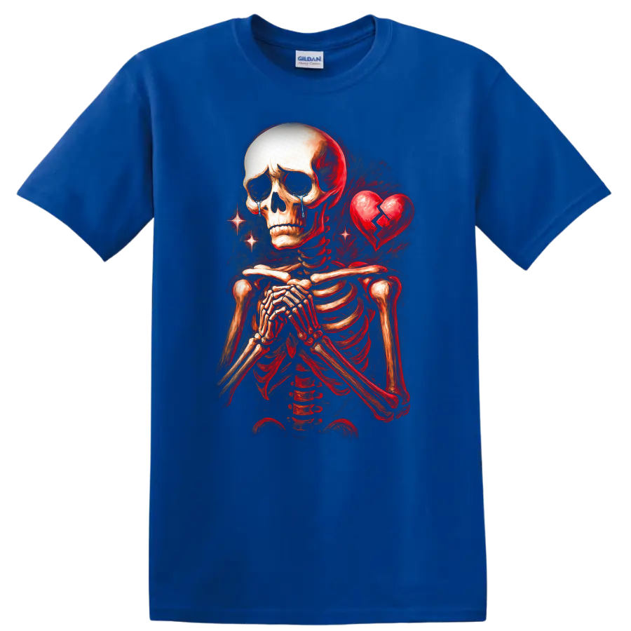 Crying skeleton with clasped hands and cracked heart in vintage gothic art on a Royal (Blue) T Shirt