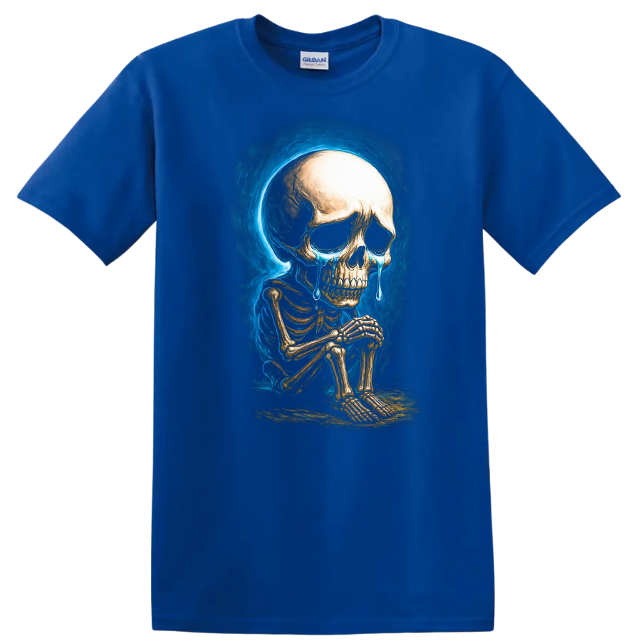 Crying seated skeleton with blue tears and smoky gothic skull artwork on a Royal (Blue) T Shirt