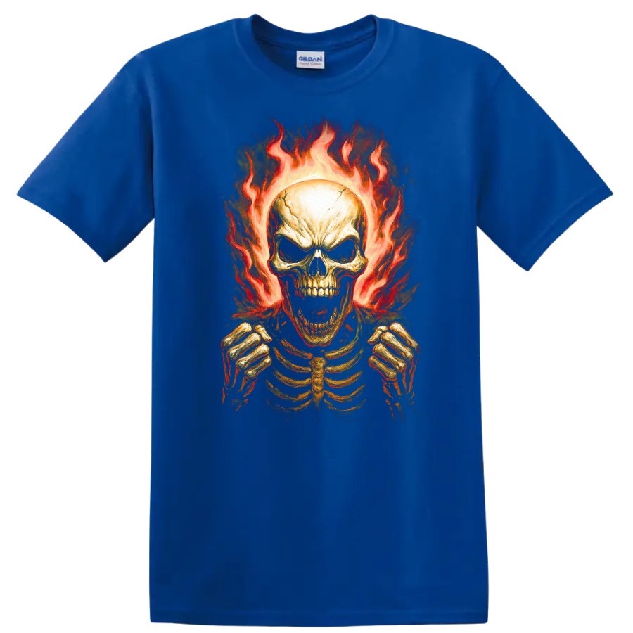 Vintage gothic flaming skeleton skull with rib cage and clenched hands on a Royal (Blue) T Shirt