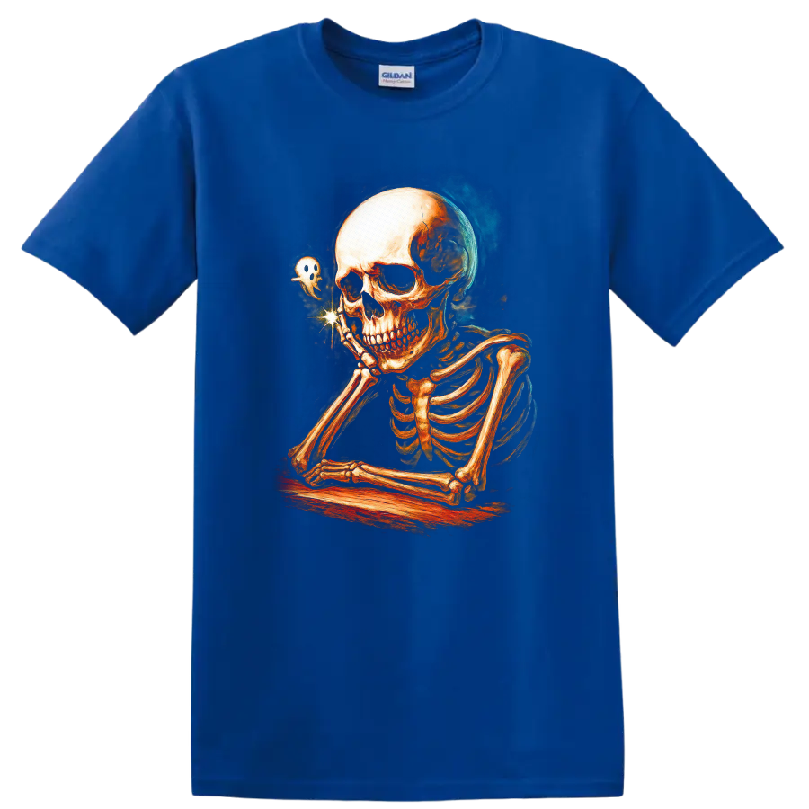 Contemplative skeleton with a tiny ghost in vintage Gothic illustration on a Royal (Blue) T Shirt
