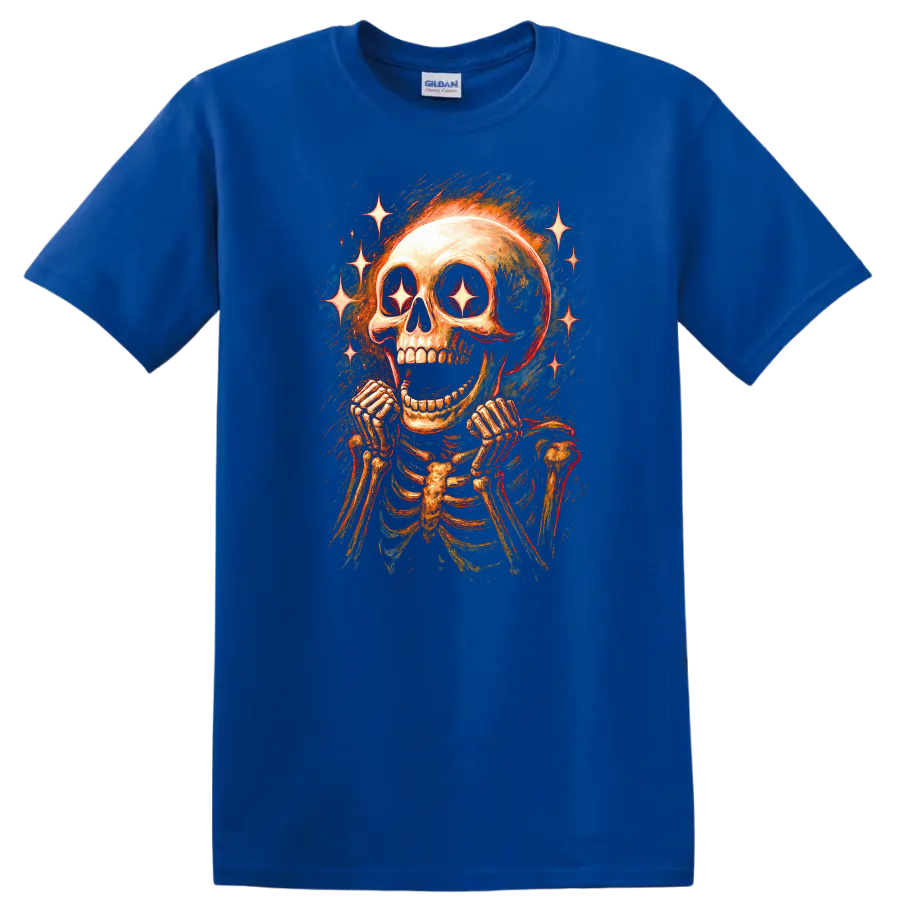 Vintage gothic grinning skeleton skull with sparkling star eyes and radiant stars on a Royal (Blue) T Shirt