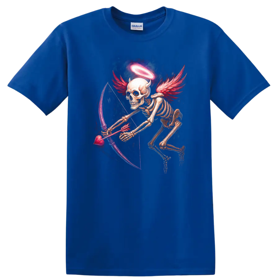 Winged skeleton archer with halo, red wings, and heart-shaped bow in gothic art on a Royal (Blue) T Shirt