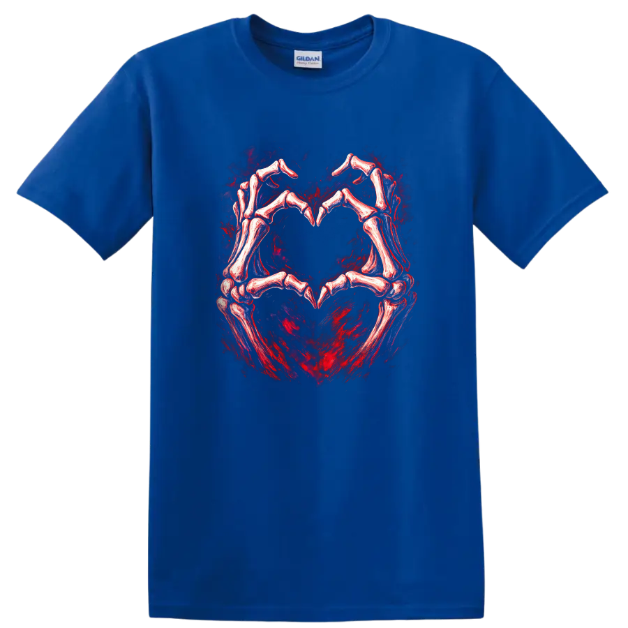 Skeletal hands forming a heart in distressed red and black gothic art on a Royal (Blue) T Shirt