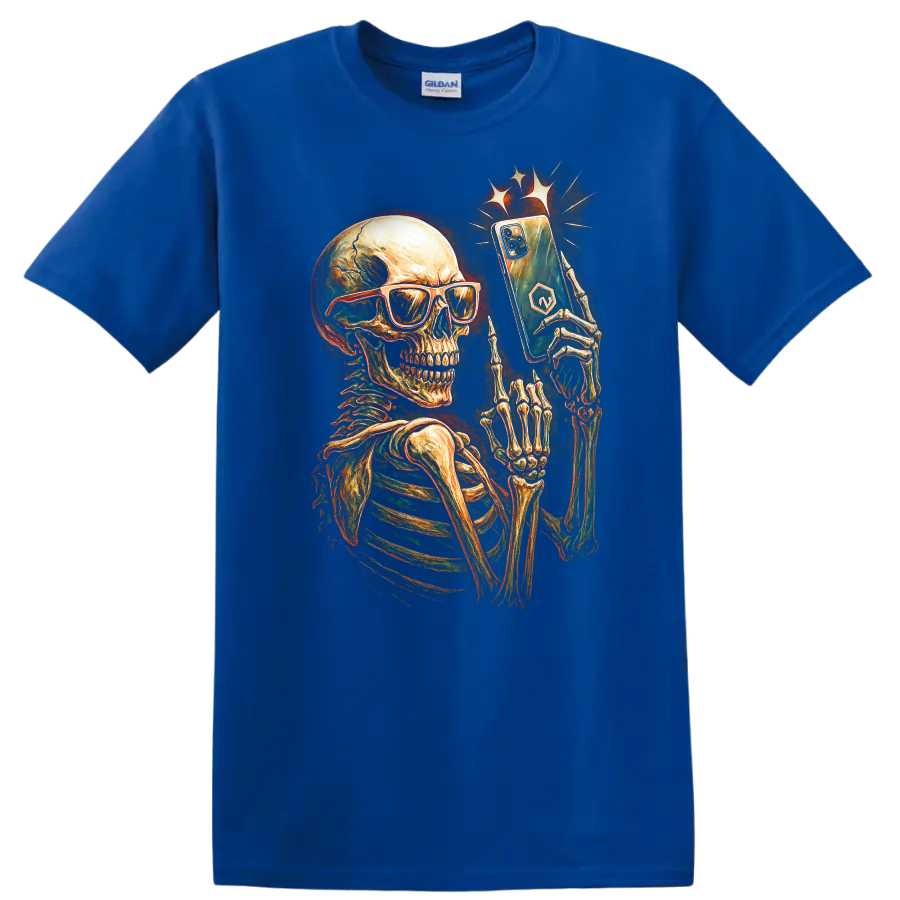 Vintage skeleton in sunglasses holding a smartphone gothic graphic print on a Royal (Blue) T Shirt