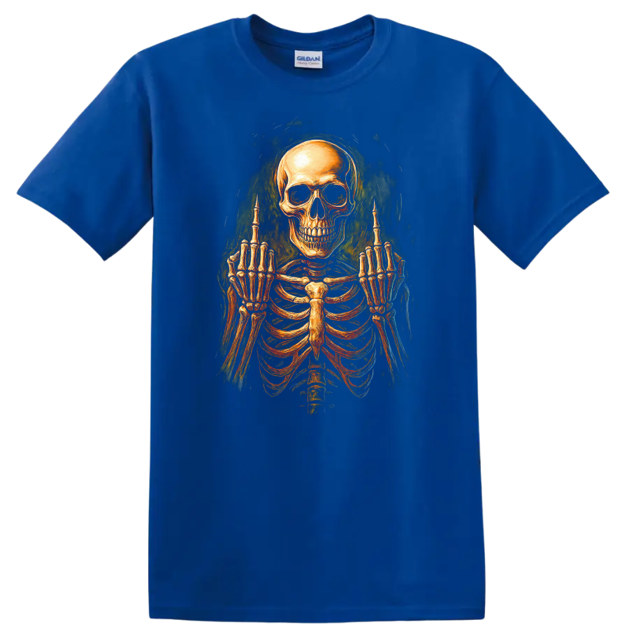 Vintage gothic skeleton skull and rib cage graphic with raised middle-finger hands on a Royal (Blue) T Shirt
