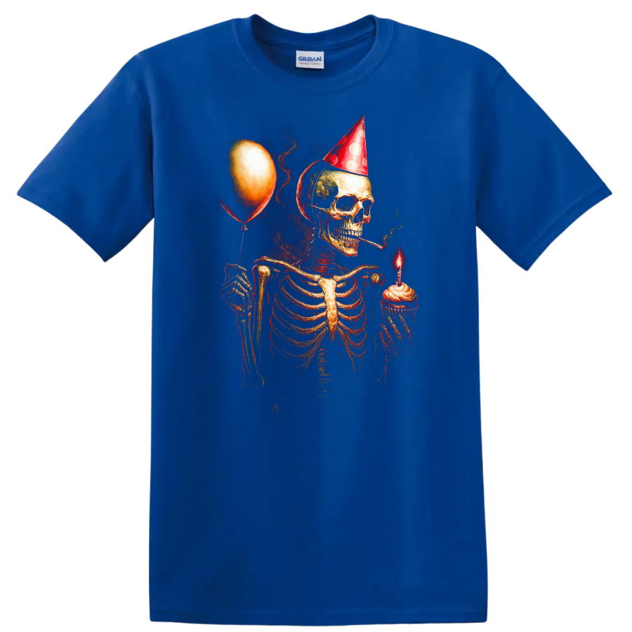 Vintage gothic skeleton in party hat holding a cupcake candle and balloon on a Royal (Blue) T Shirt