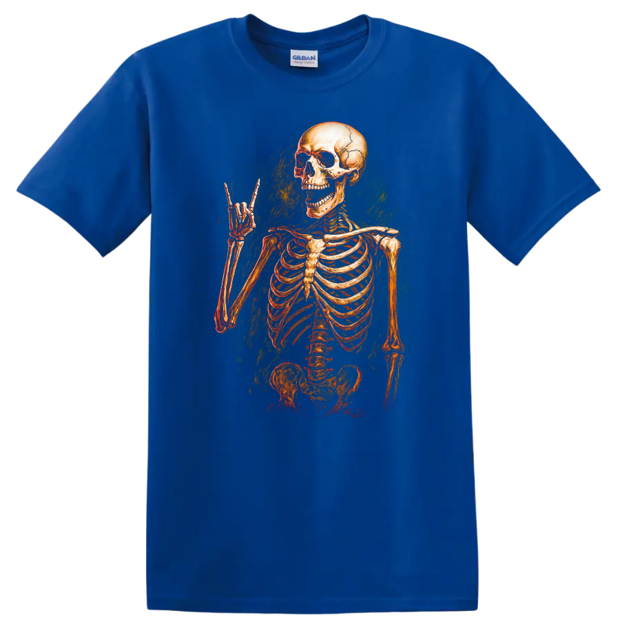 Vintage grinning skeleton raising a horn hand in distressed gothic illustration on a Royal (Blue) T Shirt