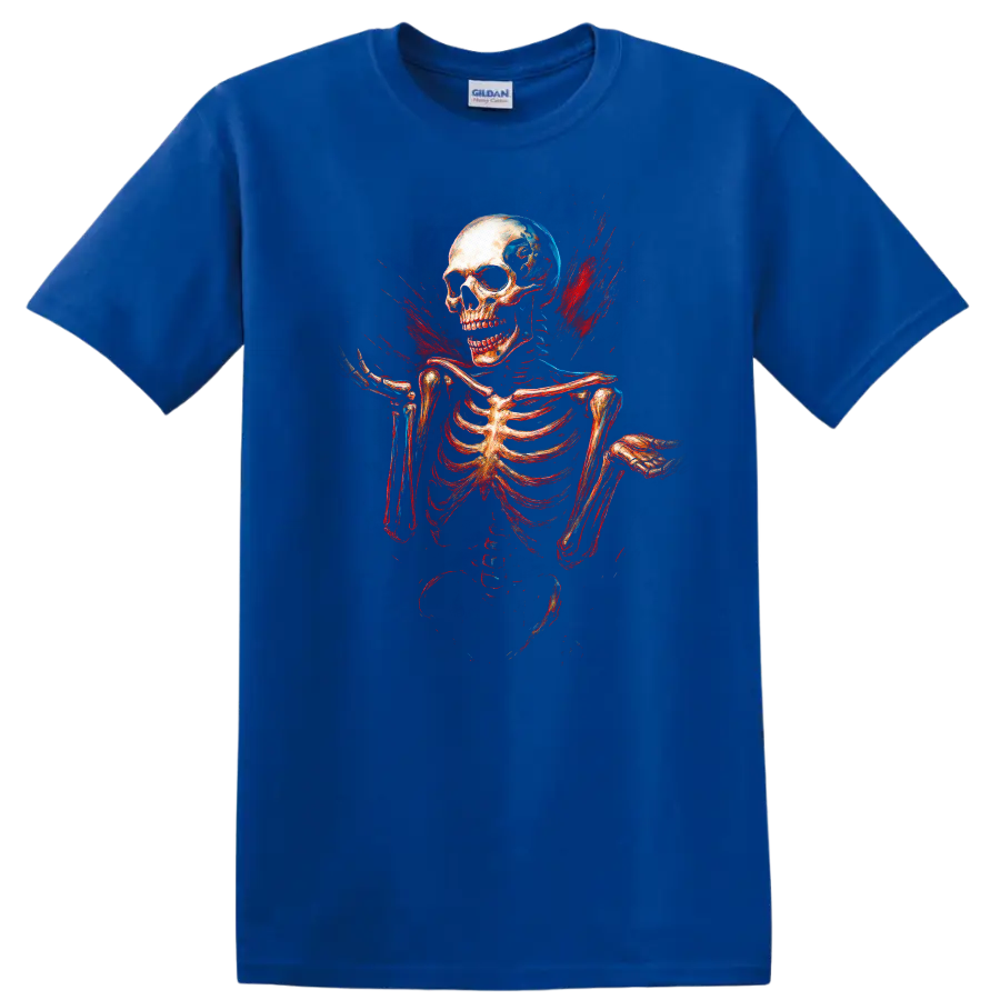Vintage skull and skeleton graphic with red and blue gothic splatter on a Royal (Blue) T Shirt