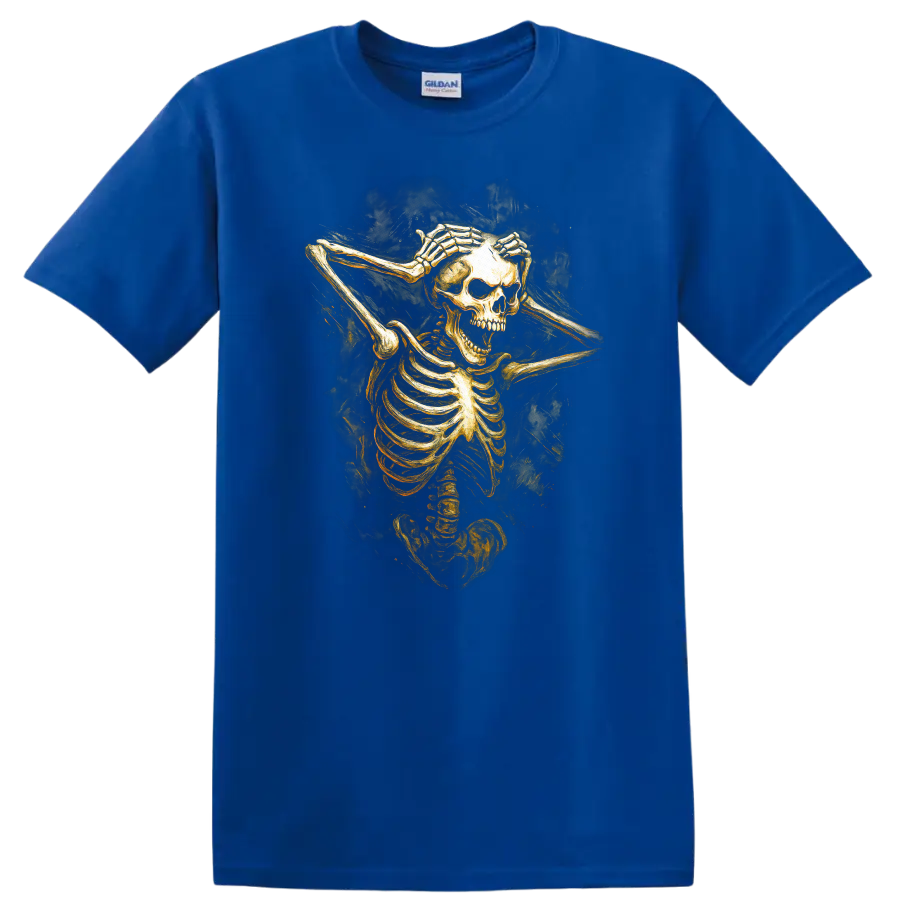 Vintage gothic skeleton skull illustration with hands framing its face on a Royal (Blue) T Shirt