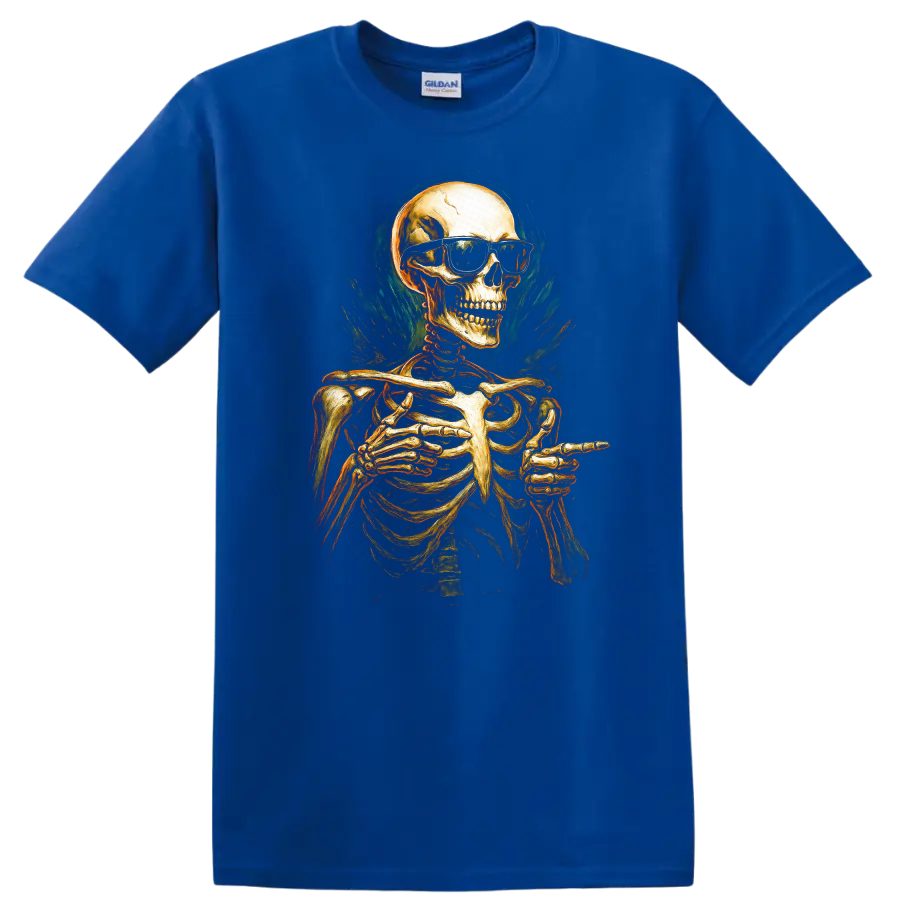 Vintage gothic skeleton in sunglasses pointing, with smoky teal flame-like artwork on a Royal (Blue) T Shirt